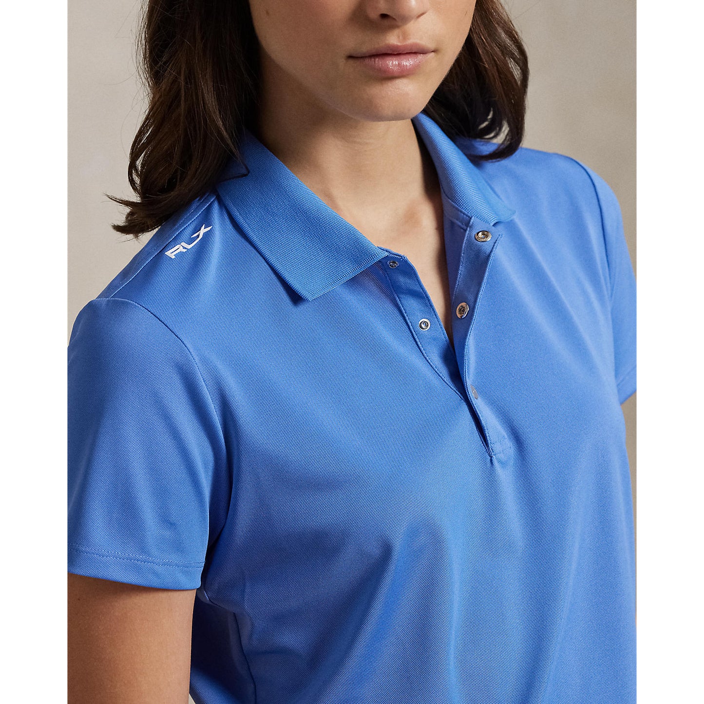 RLX Ralph Lauren Women's Tour Performance Golf Shirt With Royal Melbourne Logo - Summer Blue