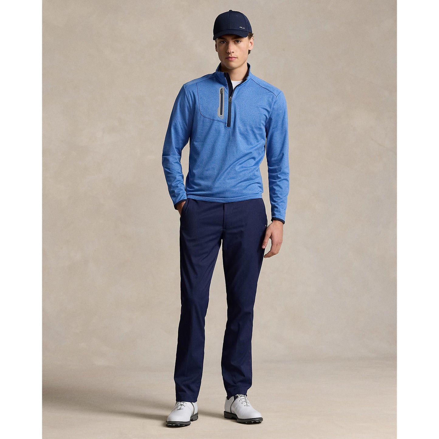 RLX Ralph Lauren Driver Stretch Jersey Golf Pullover With Royal Melbourne Logo - Dockside Blue Heather