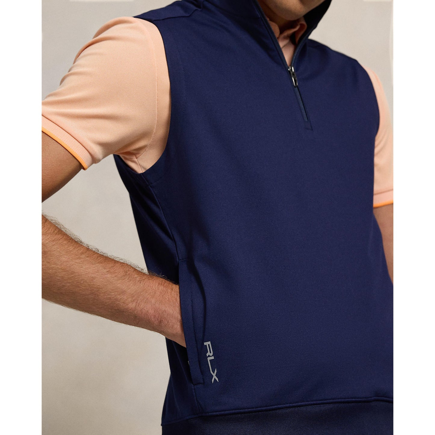 RLX Ralph Lauren Stretch Jersey Quarter Zip Golf Vest With Royal Melbourne Logo - Refined Navy
