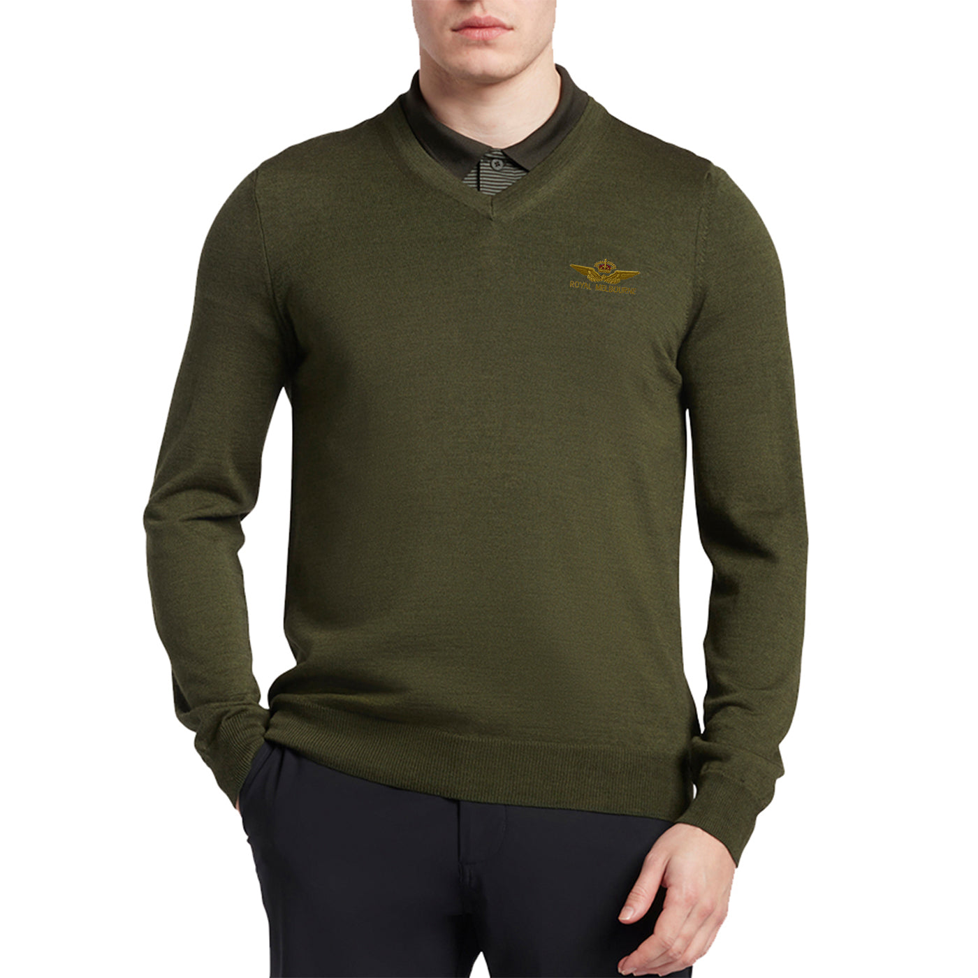 Lyle & Scott Royal Melbourne Embroidered V Neck Knit - Cactus Green
