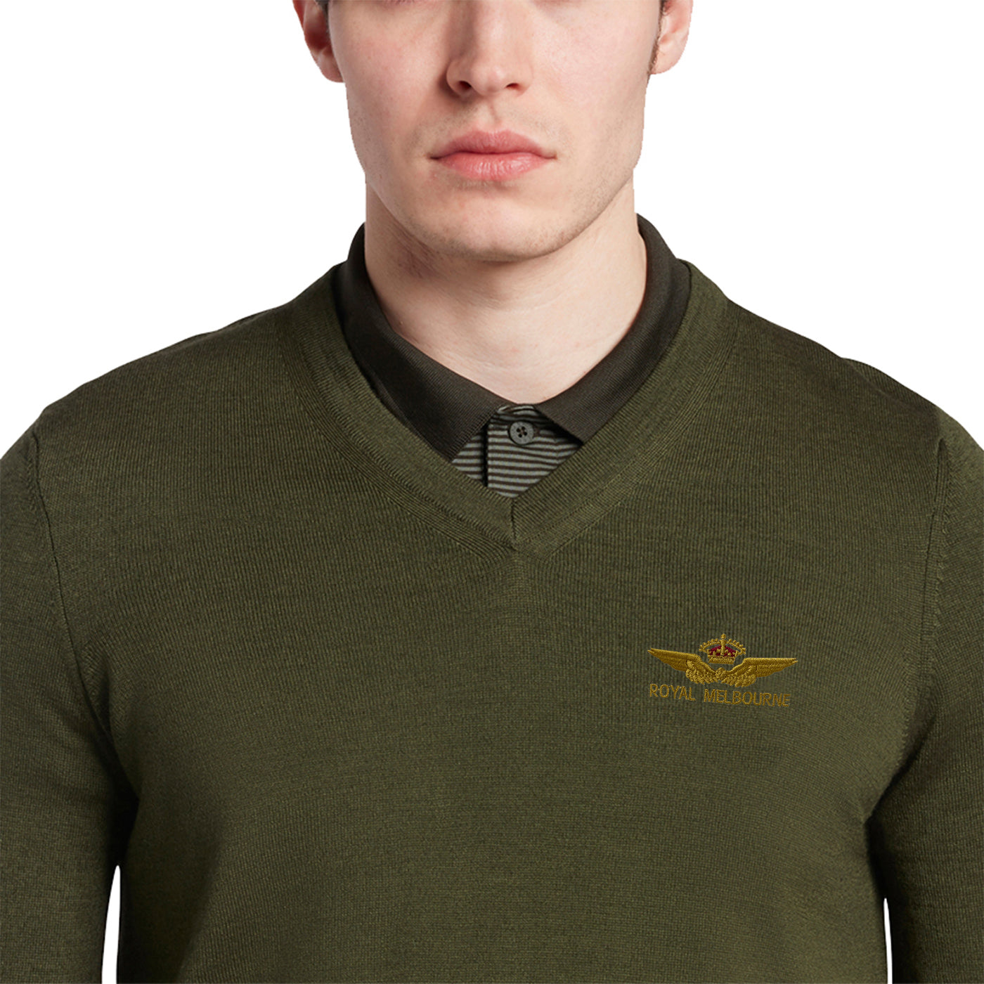 Lyle & Scott Royal Melbourne Embroidered V Neck Knit - Cactus Green