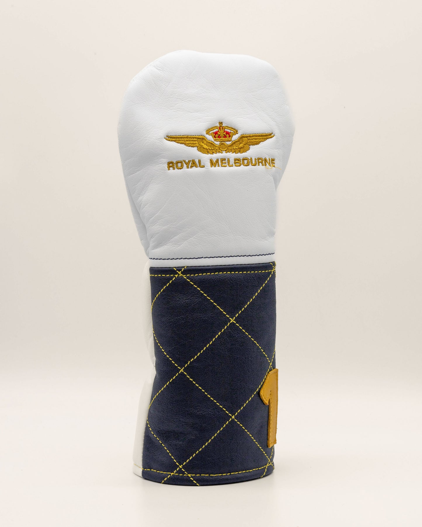 Royal Melbourne Leather Driver Cover - White/Navy Diamond