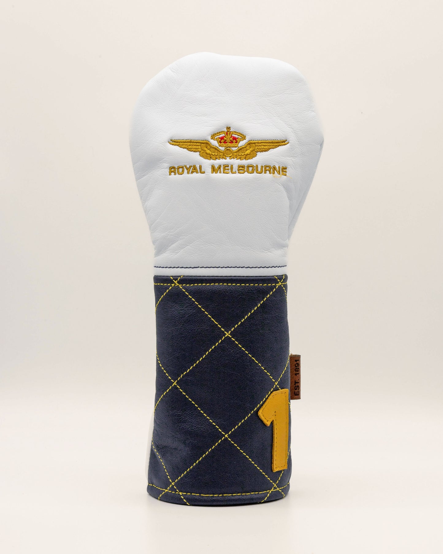 Royal Melbourne Leather Driver Cover - White/Navy Diamond