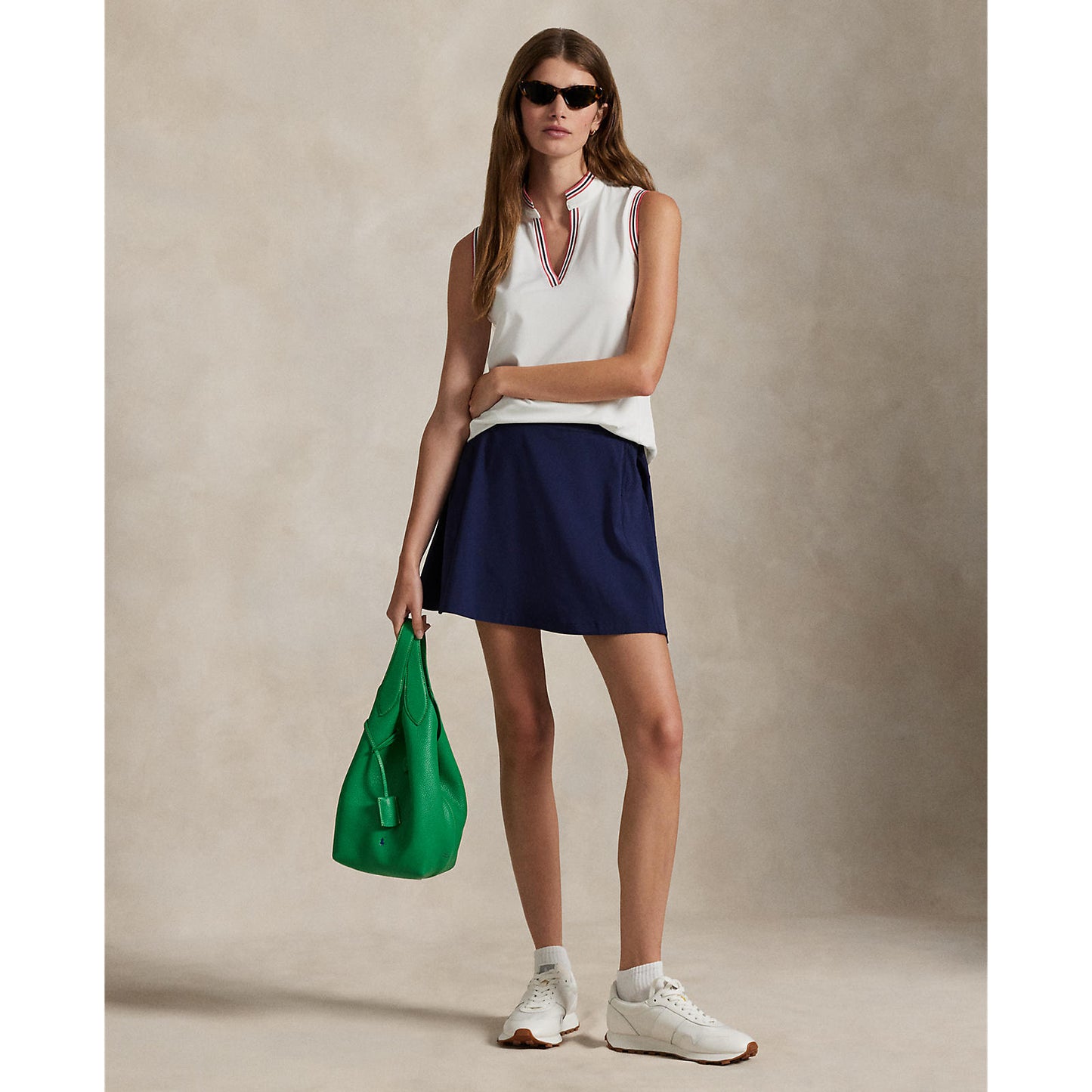 RLX Ralph Lauren Women's Tour Pique Sleeveless Stand Collar Polo - White/Sky Red