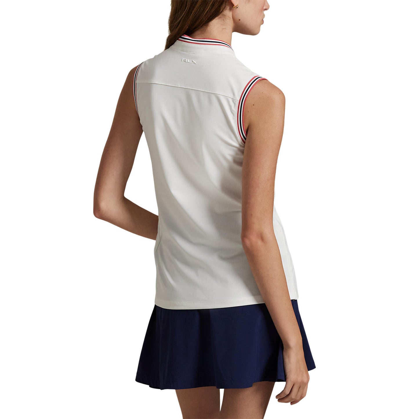 RLX Ralph Lauren Women's Tour Pique Sleeveless Stand Collar Polo - White/Sky Red