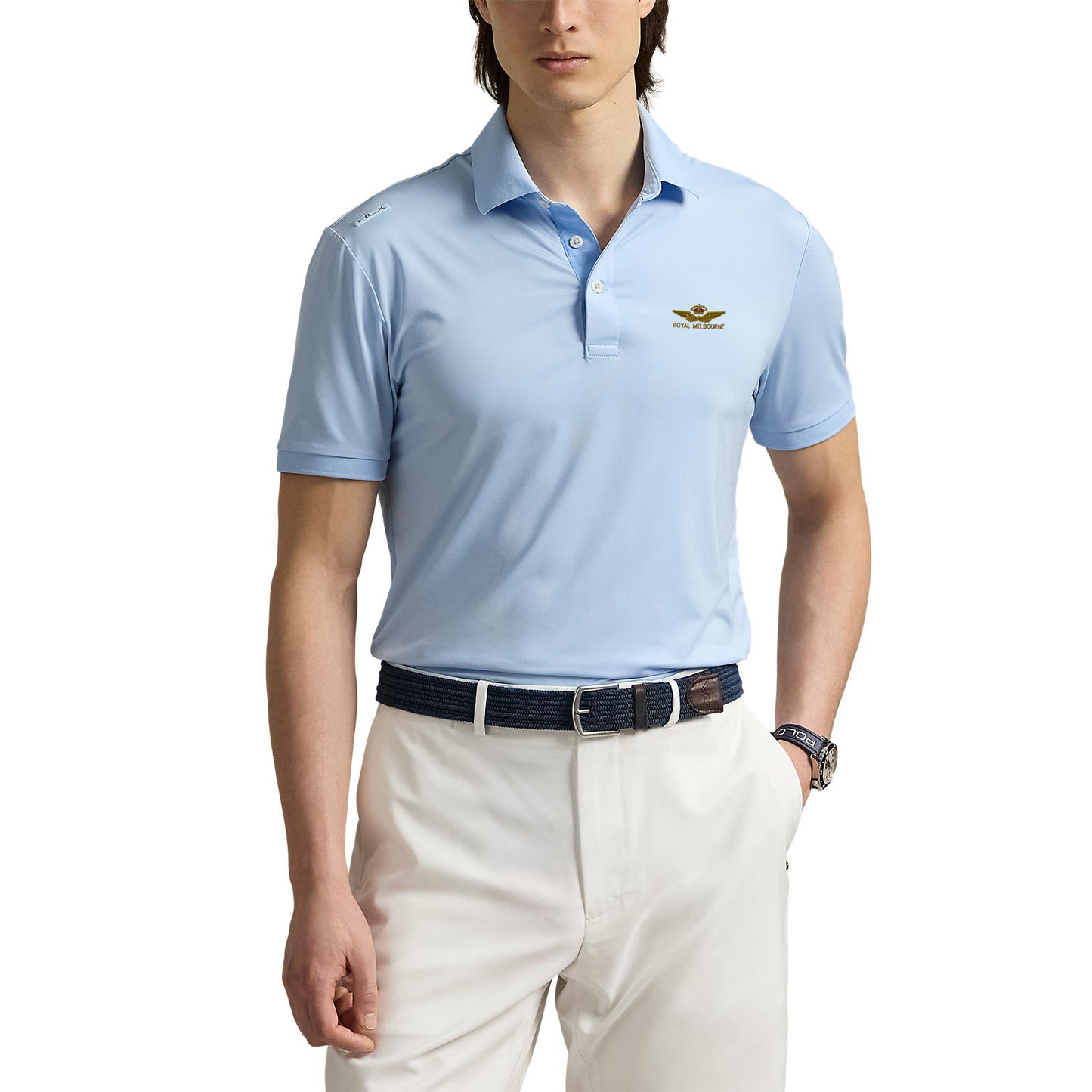RLX Ralph Lauren Lightweight Airflow Jersey Golf Polo Shirt With Royal Melbourne Logo- Office Blue