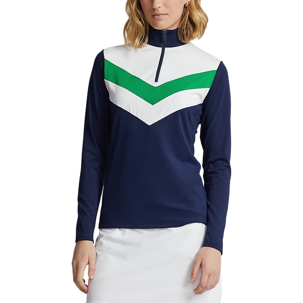 RLX Ralph Lauren Women's Power Stretch 1/4 Zip Pull Over - French Navy/Cruise Green Multi